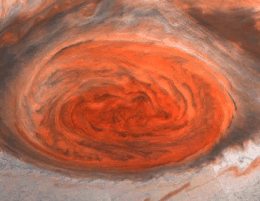 Grande tâche rouge de Jupiter. Zone de haute pression (anticyclone) Image en couleur représentatives réalisée en 1995 par la Sonde Galiléo.